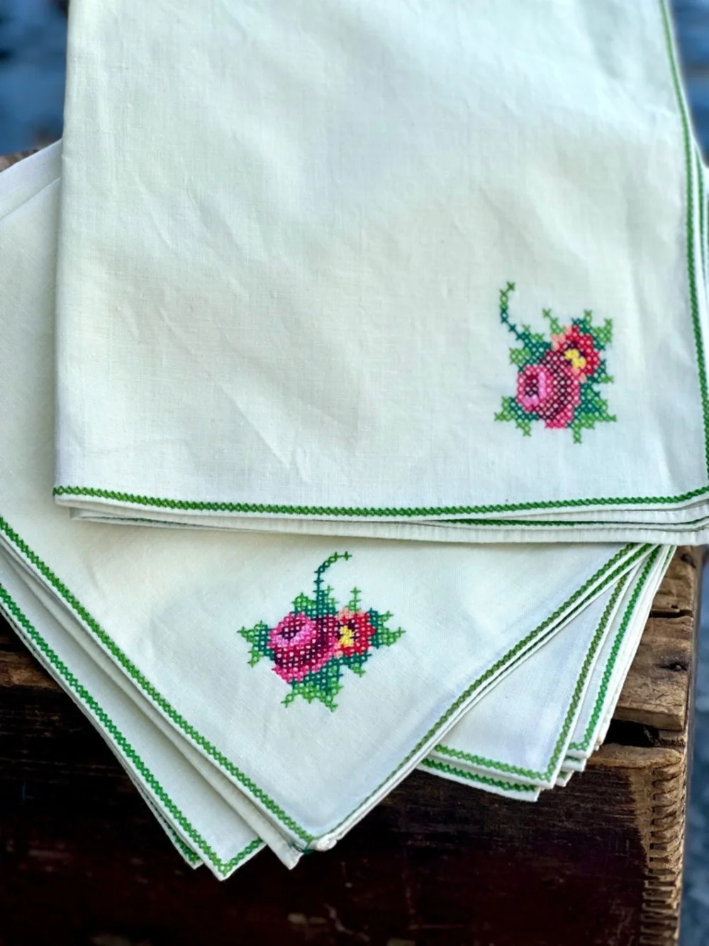 10 Soft Yellow Hand Embroidered Floral Cotton 16 x 16 Napkins with Green Trim